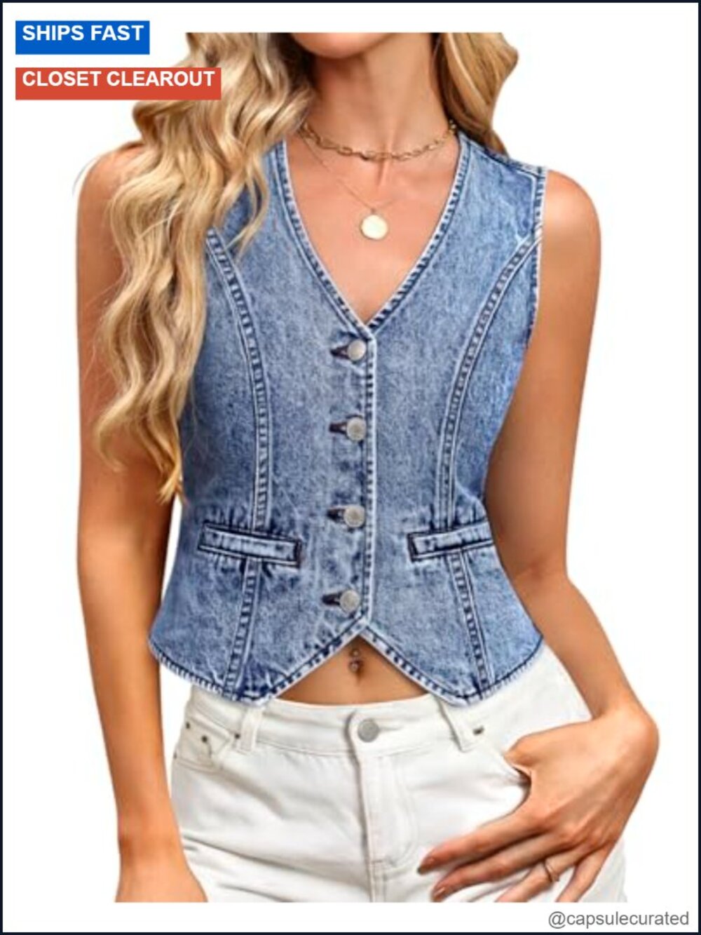 Women's Sleeveless Denim Vest with Pockets Casual Summer Western Top
